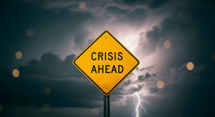 A yellow diamond-shaped road sign, reading "CRISIS AHEAD," stands against a stormy sky filled with dark clouds and lightning