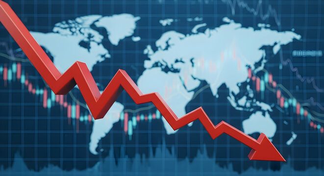Red downward trend graph against a world map, charts, and grid background