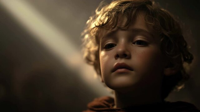 Samuel gazes upward as he hears gods voice in a dimly lit, ethereal space, illuminated by soft beams of light, evoking a sense of wonder and spirituality. From the book of Samuel.