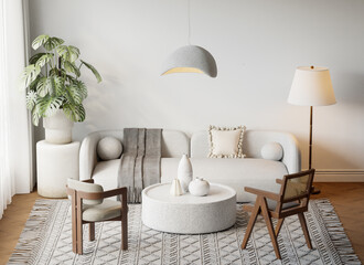Japandi Interior Living Room with Cozy Sofa & Armchair, Light Furniture, Textured Rug, Indoor Plants and Table with Decoration - 3d Rendering
