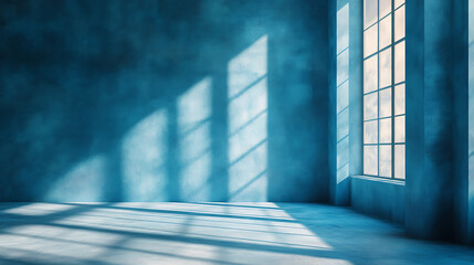 Empty blue room with window light and shadows creating a dramatic and minimalist atmosphere for interior design