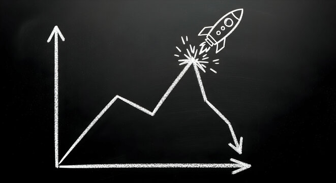 Chalkboard drawing of a graph with a rocket launching from a peak, then plummeting