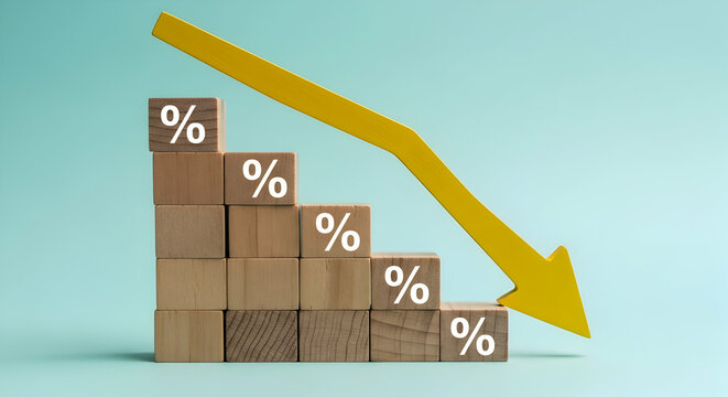Wooden blocks with percentage symbols, forming a downward-sloping staircase, and a yellow arrow indicating decline