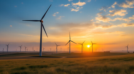 Wind Turbines in a Field at Sunset Generating Renewable Energy
