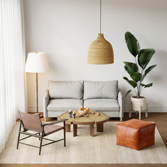 Japandi Interior Living Room with Cozy Sofa & Armchair, Light Furniture, Textured Rug, Indoor Plants and Table with Decoration - 3d Rendering
