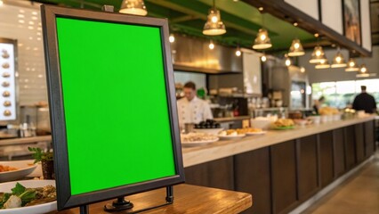 Close Up Menu Board With Green Screen Panel in Food Space Suitable for Culinary Promotion Design Template