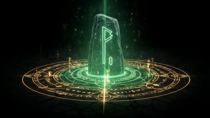 Illuminated rune-like symbol on a cracked surface with glowing arcane circle