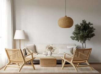 Japandi Interior Living Room with Cozy Sofa & Armchair, Light Furniture, Textured Rug, Indoor Plants and Table with Decoration - 3d Rendering
