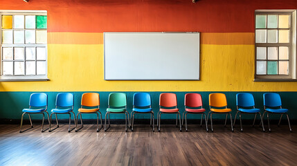 Empty colorful waiting room with chairs and white board in front of striped painted wall
