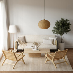 Japandi Interior Living Room with Cozy Sofa & Armchair, Light Furniture, Textured Rug, Indoor Plants and Table with Decoration - 3d Rendering
