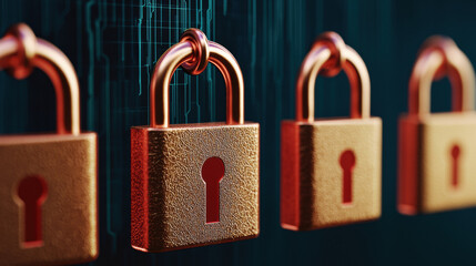 Close-up of multiple copper-colored padlocks with keyholes against a dark blue digital background symbolizing security and protection.