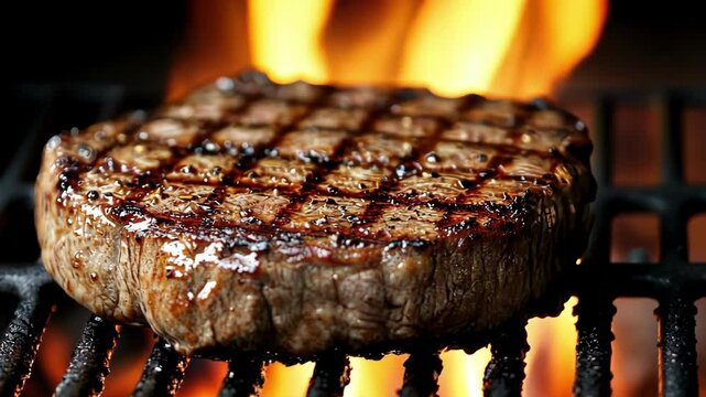 Juicy grilled steak on bbq grill with flames in background