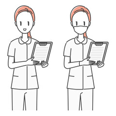 イラスト素材：患者に問診票・同意書を案内する女性看護師（マスクあり・なし）<説明資料向け>