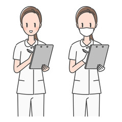 イラスト素材：笑顔でカルテ・患者情報を記入する女性看護師（マスクあり・なし）<説明資料向け>