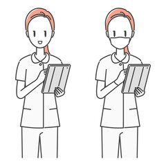 イラスト素材：タブレット操作、電子カルテに入力する笑顔の女性看護師（モノカラー|シンプル）
