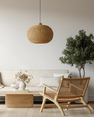 Japandi Interior Living Room with Cozy Sofa & Armchair, Light Furniture, Textured Rug, Indoor Plants and Table with Decoration - 3d Rendering

