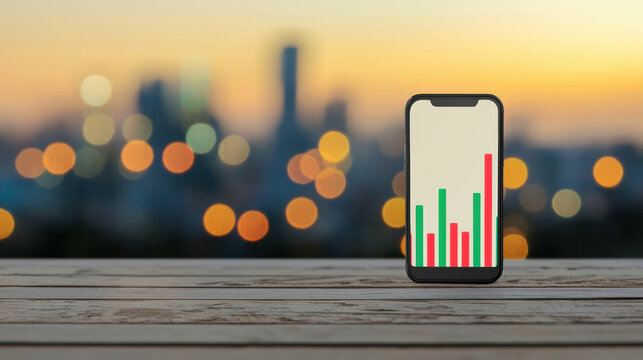 smartphone displaying a colorful bar chart stands on a wooden surface with a blurred cityscape and bokeh lights in the background during sunset.