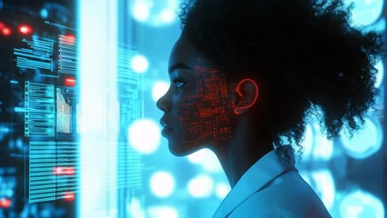 African American Female Scientist Analyzing Data on Futuristic Interface Screen - Powered by Adobe