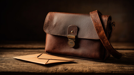 Vintage leather mail bag with sealed letter on wood, conveying timeless communication and nostalgia.