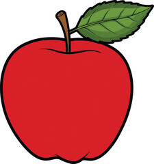 Vibrant Red Apple Clipart Illustration with Green Leaf and Stem, Ideal for Educational Materials, Healthy Eating Promotions, and Fresh Food-Themed Digital Designs