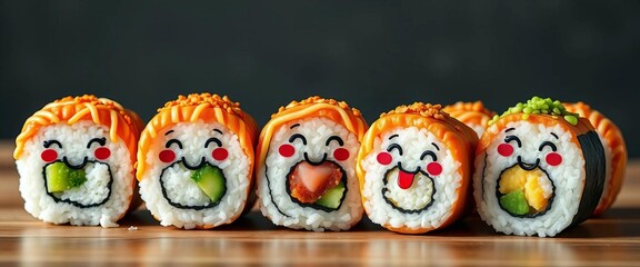 A whimsical row of sushi rolls with cheerful cartoon faces, instafood, painted