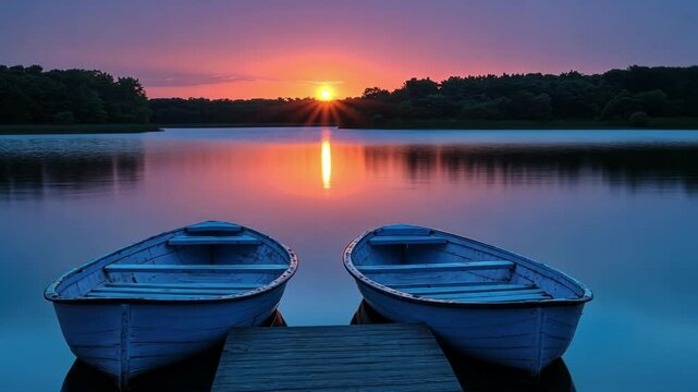 Tranquil sunset over lake with two empty rowboats on calm water
