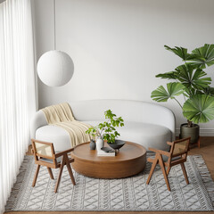 Japandi Interior Living Room with Cozy Sofa & Armchair, Light Furniture, Textured Rug, Indoor Plants and Table with Decoration - 3d Rendering
