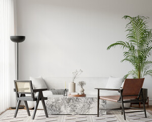 Japandi Interior Living Room with Cozy Sofa & Armchair, Light Furniture, Textured Rug, Indoor Plants and Table with Decoration - 3d Rendering
