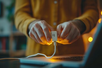 Close-up hands pulling the plug from an electronic device after use, symbolizing the proper handling and conservation of energy., Generative AI