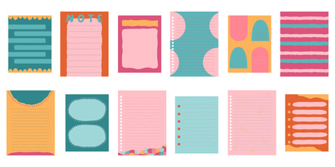 Vibrant color sticky paper notes for daily planner, hand drawn memo sheet stickers. Pins and paper clips, paper note, to-do list and reminder, blank diary pages set. pink green yellow.