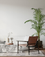 Japandi Interior Living Room with Cozy Sofa & Armchair, Light Furniture, Textured Rug, Indoor Plants and Table with Decoration - 3d Rendering
