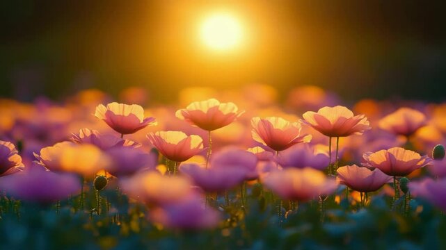 Vibrant pink poppies in golden sunset glow. Memorial Day, Remembrance Day, Veterans Day, ANZAC Day - National Day of Remembrance, Military Honor Day, Armed Forces Memorial