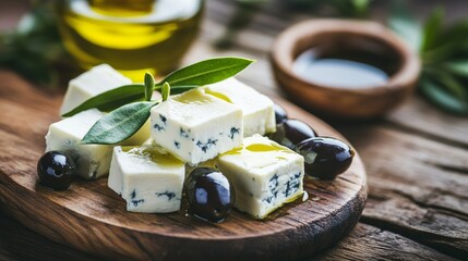 A rustic wooden board laden with cubes of fresh feta cheese, olives, and a generous helping of olive oil