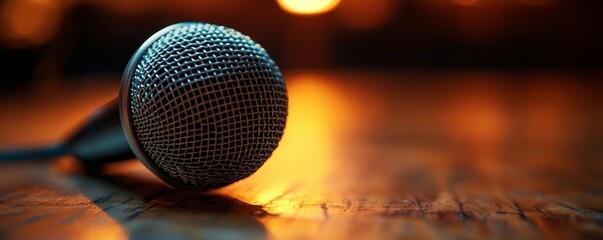 Close-up microphone on the table during podcast recording, symbolizing the creation of audio content for digital platforms., Generative AI