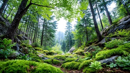 Fototapeta premium Lush forest floor, towering trees