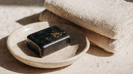 Handmade black soap with golden particles on ceramic dish, next to beige towels in natural sunlight. Spa atmosphere, barber grooming, organic skincare and minimal bathroom style.