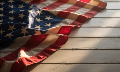 Folded national flag on wooden surface patriotism history and national identity