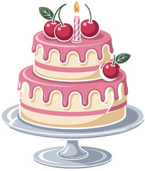 Charming Two-Tiered Birthday Cake Illustration with Pink Icing and Cherries, Perfect for Festive Celebrations, Party Invitations, and Sweet Dessert-Themed Digital Designs