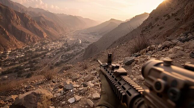 Person Holding Rifle Aiming Overlooking Arid Mountains at Sunset Scenery and Terrain of Hilly Landscape in Warm Light and Detailed Military Weapon