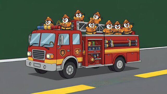 Penguins on firetruck illustration