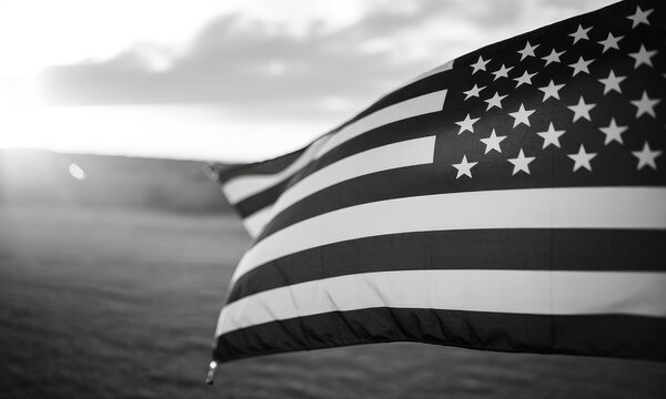 American flag waving in the wind grayscale patriotism image