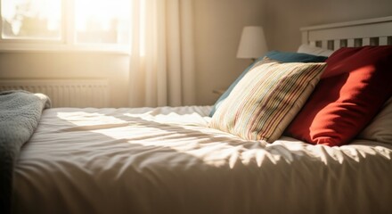 Sunlit Bedroom with Colorful Pillows and Cozy Blanket - Morning Serenity