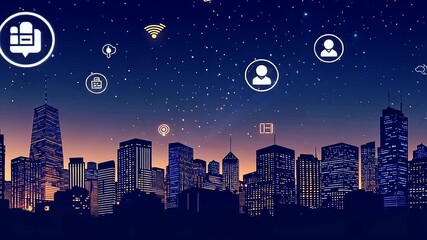 Urban skyline at twilight with digital icons representing connectivity and technology in the background - Powered by Adobe