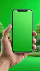 Hand holding a phone with a green screen
