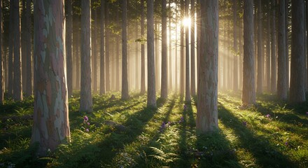Sunlit Eucalyptus Grove: A Digital Dawn in a Mystical Forest