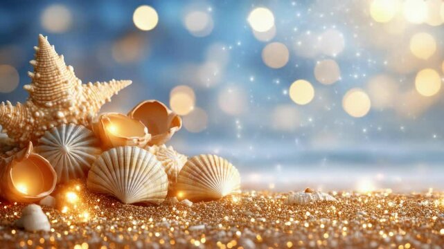 Starfish and seashells on sparkling beach with glowing bokeh background