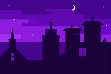 Moonlit castle silhouette over a winter city skyline with stars