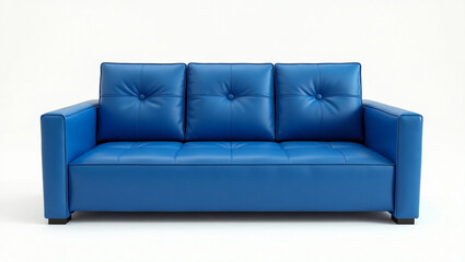 Modern Blue Leather Sofa with Three Cushions and Button Tufting Detail.