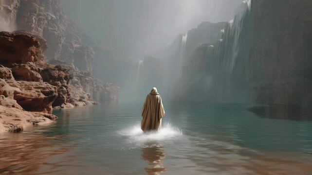 Photorealistic scene depicting a figure parting water with a cloak, evoking a sense of wonder and reverence. Inspired by the biblical story of Elisha parting the Jordan River from the book of Kings.