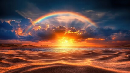 Obraz premium Mesmerizing rainbow arcs over desert dunes at sunset, creating a serene atmosphere with vibrant colors and soft sand ripples